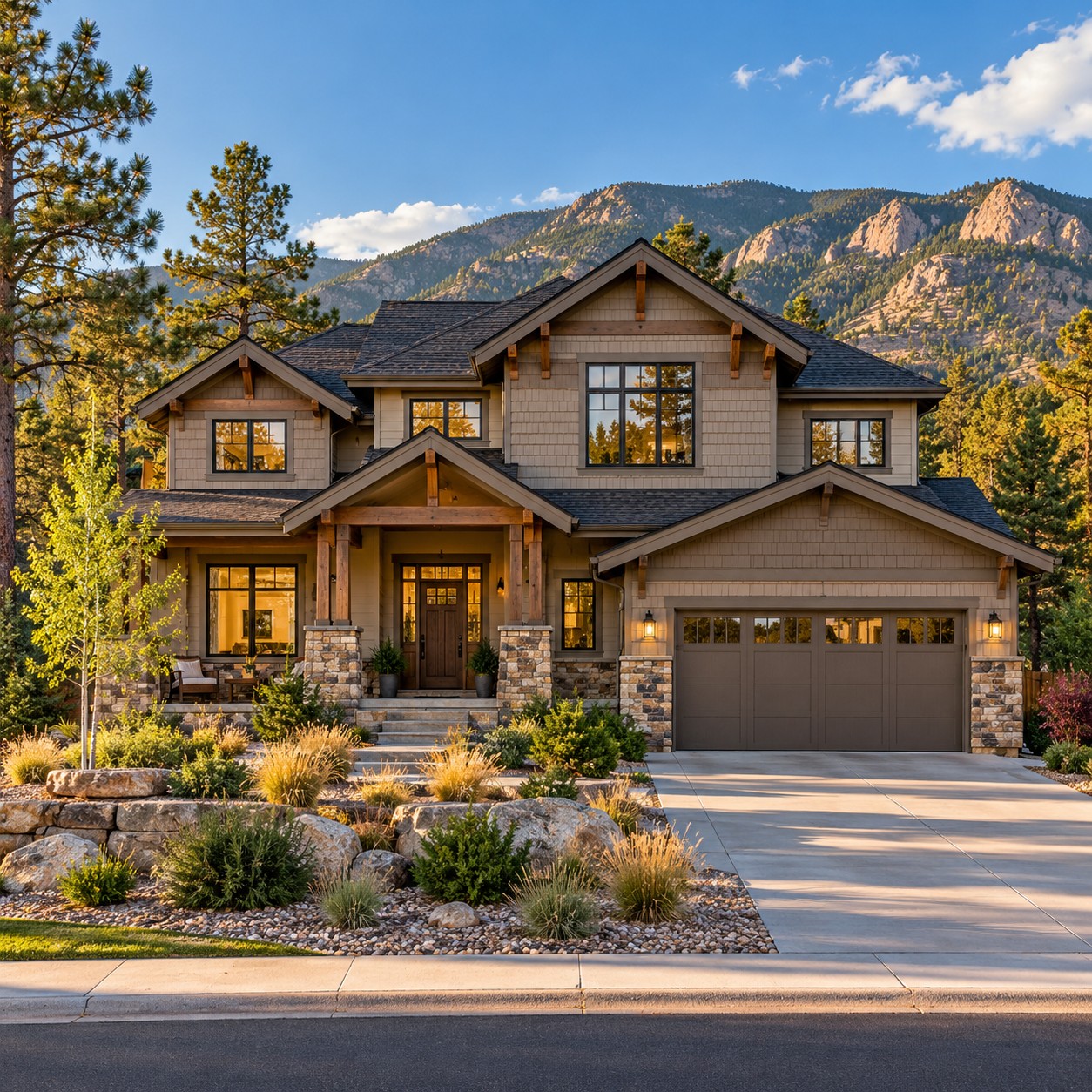 Illustration of a craftsman home beneath Colorado-style foothills